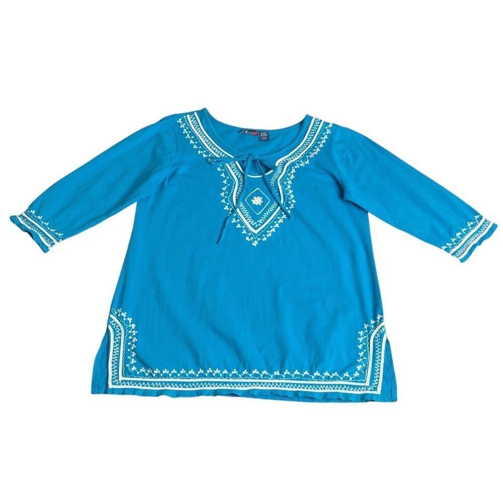 Vintage Phool Top Womens Large Blue Embroidered Tie Neck 3/4 Sleeve Boho 90s